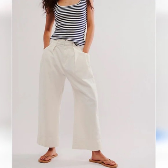 NWOT FREE PEOPLE WOMENS SWEET TALK WIDE LEG COTTON LINEN CHINO PANTS WHITE SZ 12